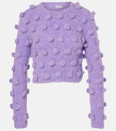 Loewe Cropped Pom Pom-embellished Brushed Knitted Sweater In Purple