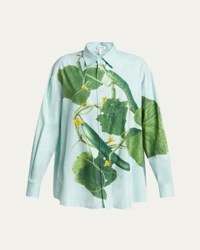 Loewe Cucumber Print Button Down Blouse In Blue Green