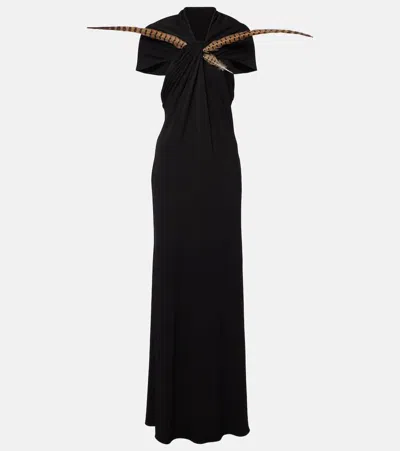 Loewe Cutout Feather-trimmed Jersey Maxi Dress In Black