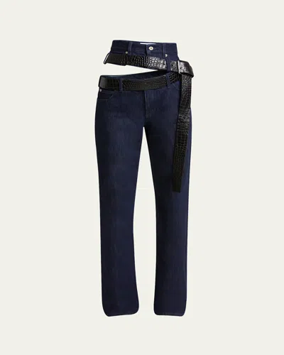Loewe Cutout Leather Belted Jeans In Indigo Blue