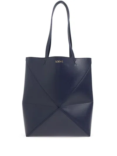 Loewe Women Puzzle Fold Medium Leather Tote In Dark Blue