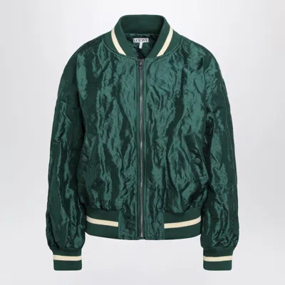 Loewe Womens Dark Green Crinkled-texture Striped-trim Woven Bomber Jacket