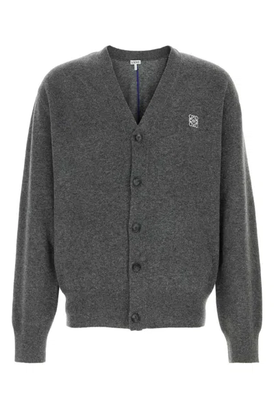 Loewe Dark Grey Stretch Wool Blend Cardigan In Gray