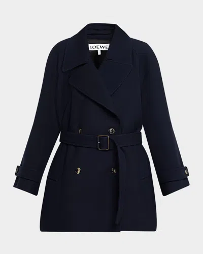 Loewe Double-breasted Belted Wool Twill Coat In Blue