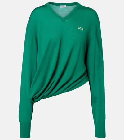 Loewe Double L Asymmetric Wool Sweater In Green