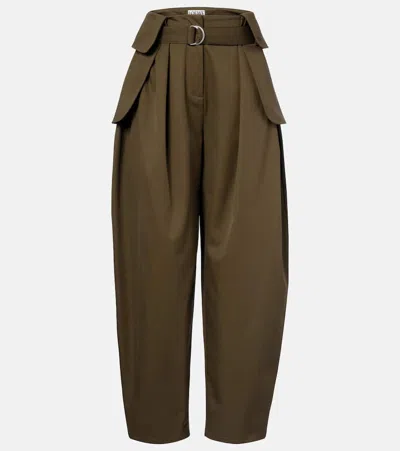 Loewe Belted Pleated Cotton And Silk-blend Wide-leg Pants In Green