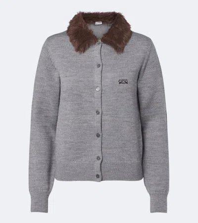 Loewe Plush-trimmed Logo-embroidered Wool Cardigan In Gray
