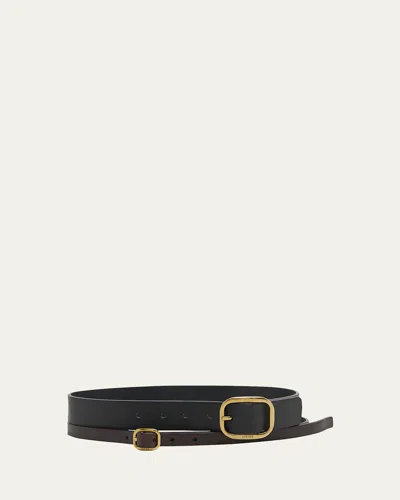 Loewe Double Leather Belt In Black Dark Brown Gold