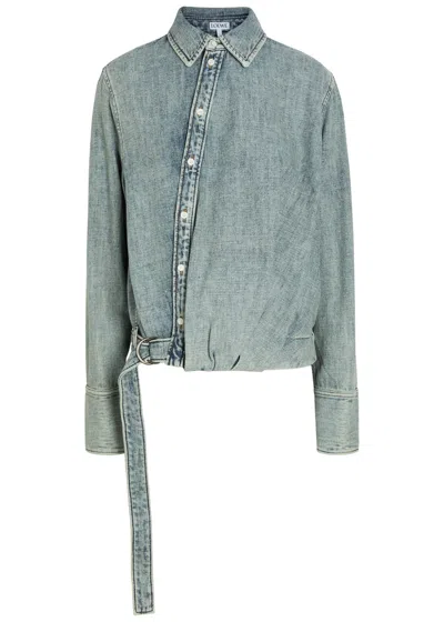 Loewe Draped Belted Denim Shirt In Blue