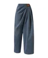 Loewe Leather-trimmed Draped Gathered High-rise Wide-leg Jeans In Blue