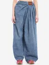 Loewe Leather-trimmed Draped Gathered High-rise Wide-leg Jeans In Blue