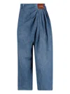 Loewe Leather-trimmed Draped Gathered High-rise Wide-leg Jeans In Blue