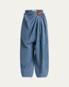 Loewe Leather-trimmed Draped Gathered High-rise Wide-leg Jeans In Blue