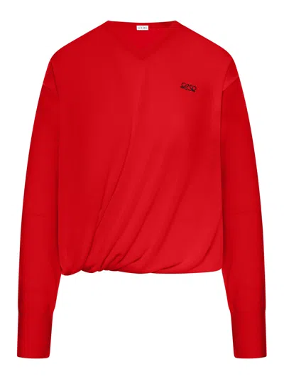 Loewe Asymmetric Draped Embroidered Wool-blend Sweater In Red