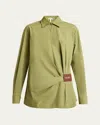 Loewe Wrap-effect Leather-trimmed Cotton-poplin Shirt In Khaki Green
