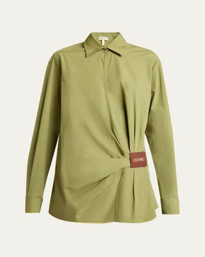 Loewe Wrap-effect Leather-trimmed Cotton-poplin Shirt In Khaki Green