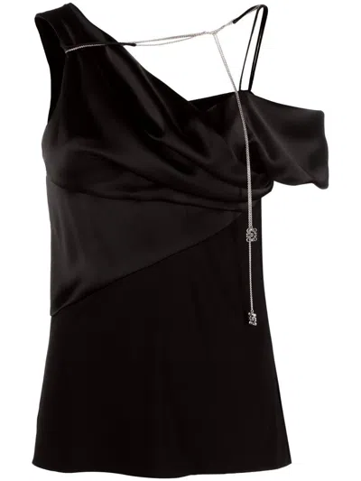 Loewe One-shoulder Embellished Paneled Satin And Crepe Top In Black