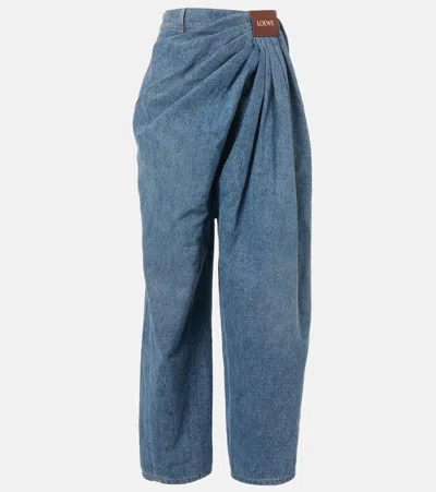 Loewe Leather-trimmed Draped Gathered High-rise Wide-leg Jeans In Blue