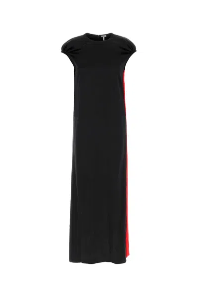 Loewe Satin Dress Cap Sleeves Color Block Slit In Black