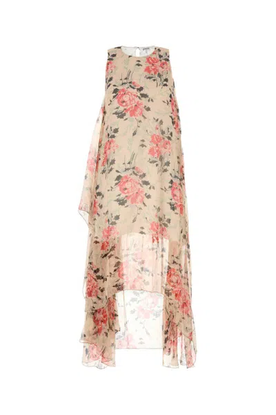 Loewe Floral Print Silk Dress Asymmetrical Construction In Multi