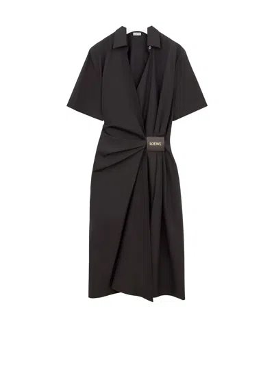 Loewe Wrap-effect Leather-trimmed Draped Cotton-poplin Mini Shirt Dress In Black