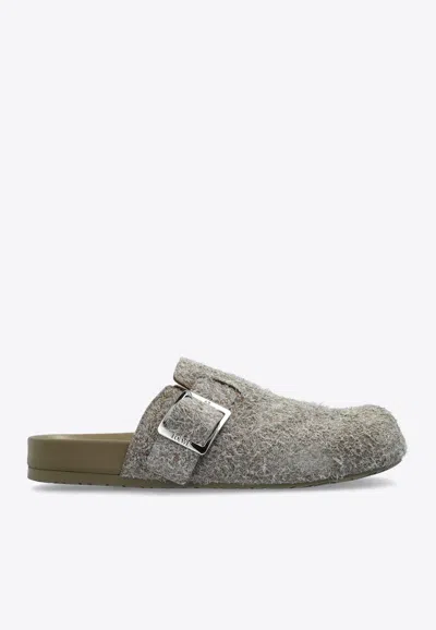 Loewe Ease Buckle Brushed Suede Mules In Gray