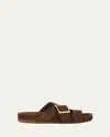 Loewe Ease Suede Buckle Slides In Brown