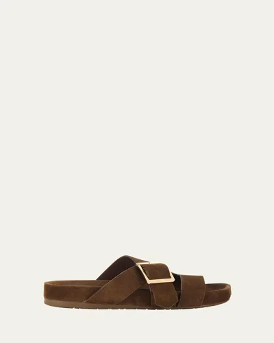Loewe Ease Suede Buckle Slides In Brown