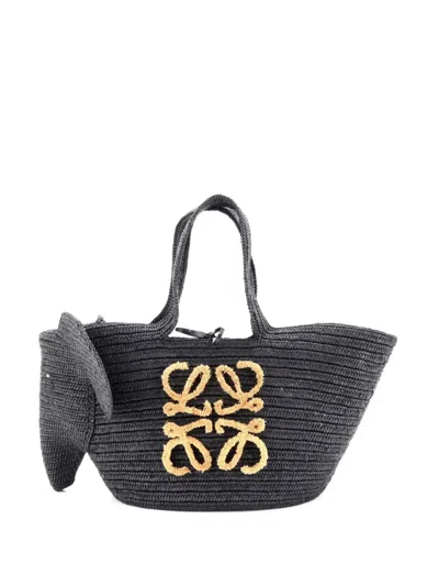 Pre-owned Loewe Elephant Basket Raffia Small Tote Bag In Black