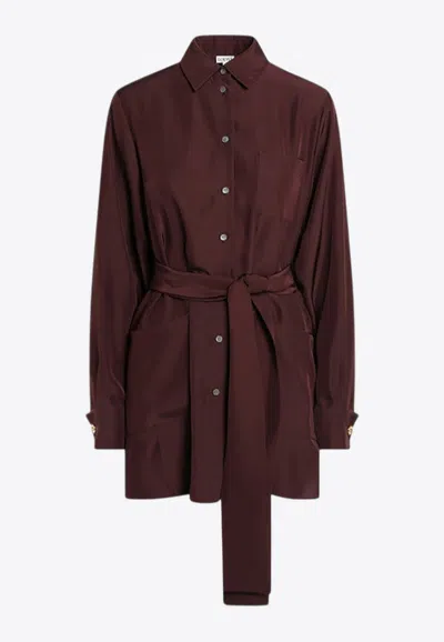 Loewe Embroidered Anagram Belted Silk Shirt In Burgundy