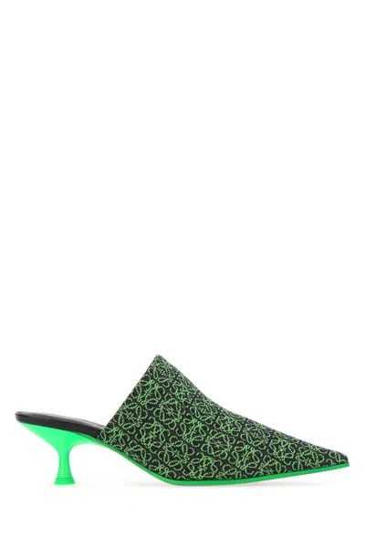 Loewe Embroidered Fabric Pointy Mules In Blackneongreen