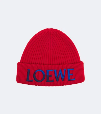 Loewe Embroidered Ribbed-knit Wool Beanie In Red