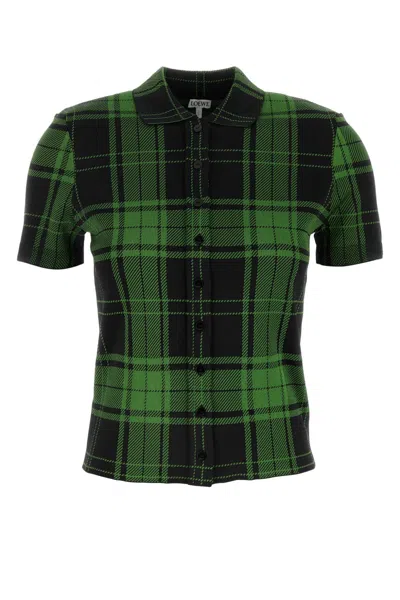 Loewe Embroidered Stretch Silk-blend Checked Shirt In Green