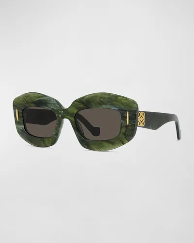 LOEWE EMERALD GREEN ACETATE RECTANGLE SUNGLASSES WITH GOLDEN ACCENTS