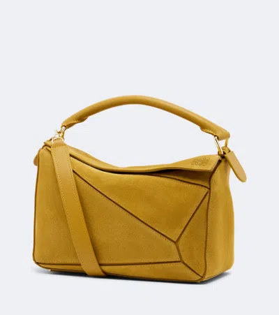 Loewe Featherlight Puzzle Small Suede Top-handle Bag In Yellow