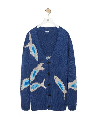 Loewe Fish Cardigan In Linen And Cotton In Blue