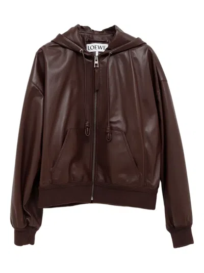 Loewe Flamenco Hooded Leather Zip-up Jacket In Brown