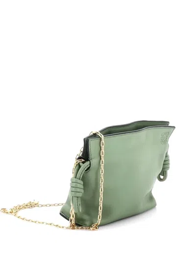 Pre-owned Loewe Flamenco Knot Chain Clutch Leather Nano Crossbody Bag In Green