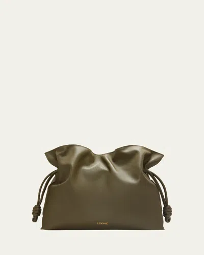 Loewe Flamenco Large Clutch Bag In Napa Leather With Golden Foil Anagram In Dark Khaki Green
