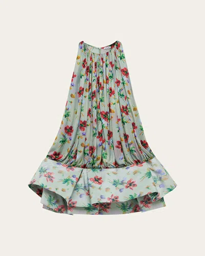Loewe Flamenco Pleated Floral Satin Drop-waist Mini Dress In Multi