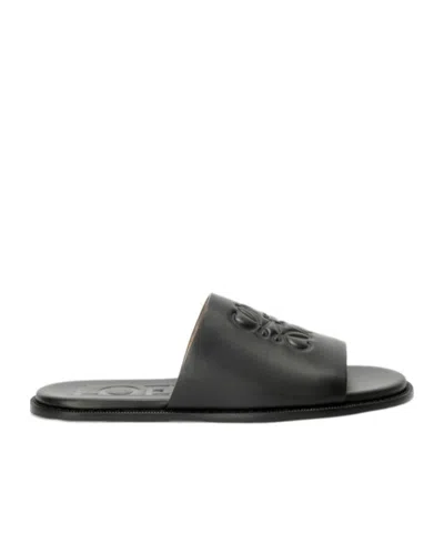 Loewe Black Anagram Flex Slides In Leather