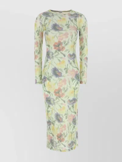 Loewe Ribbed Floral-print Silk-blend Midi Dress In Green