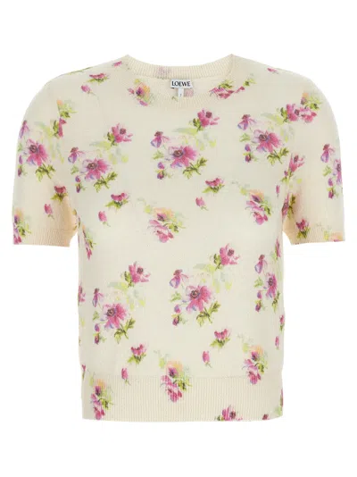 Loewe Crew Neck Floral Pattern Cotton Blend Sweater In Multi