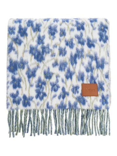 Loewe Floral-print Fringed Scarf In Blue