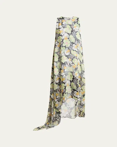 Loewe Floral Print Hoop Skirt Maxi Chiffon Silk Dress In Black Multicolor