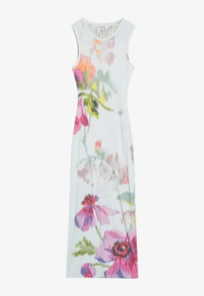 Loewe Floral Print Ribbed Maxi Dress In Blue