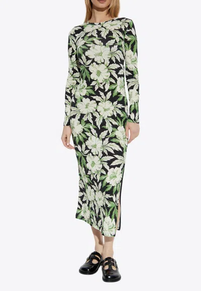 Loewe Floral Print Silk-blend Midi Dress In Green