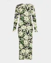 Loewe Midi Floral Patterned Dress With Long Sleeves In Green