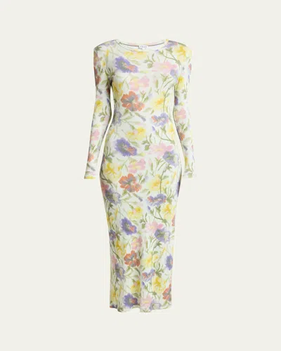 Loewe Floral Printed Mesh Tube Long Sleeve Midi Dress In Multicolor