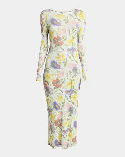 LOEWE FLORAL PRINTED MESH TUBE LONG SLEEVE MIDI DRESS